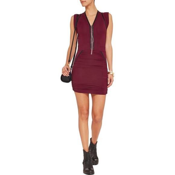 IRO Jadela Burgundy Red Leather Trim Silk Cap Sleeve Sheath Dress SZ 36/4 - Picture 1 of 12